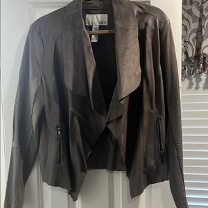 Bar III taupe faux Leather Jacket with Draped Front